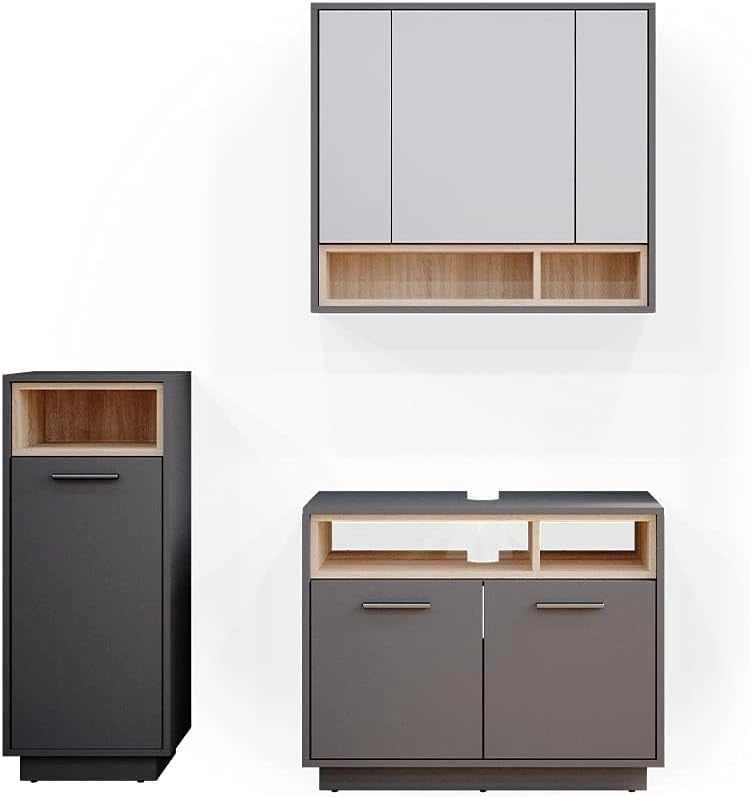 Set di mobili da bagno Beatrice, Grigio, 80 cm, composto da mobile lavabo, pensile a specchio, colonna e base media