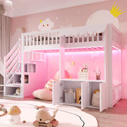 Letto a castello in legno 90x200 cm - Zephmum - Con armadio, scala, luci LED, design a gronda, bianco