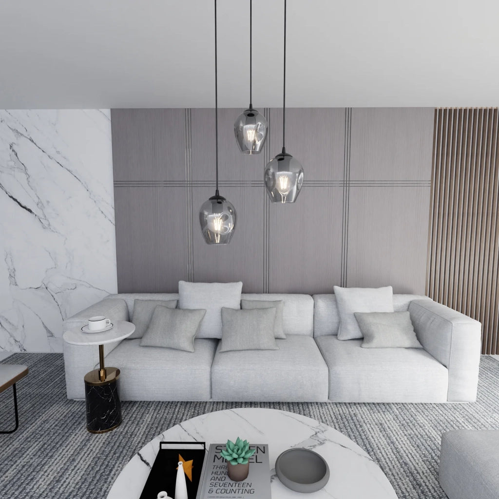 Lampadario 3 Luci Fuxi Base Tonda In Acciaio Nero E Vetri Fumè