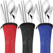 Set di Cucina da Viaggio in Acciaio Inossidabile Reutilizzabile - 3 pezzi, 12 componenti, con Coltello, Forchetta, Cucchiaio, Stuzzo - con Etui Portatile per Viaggi e Campeggio