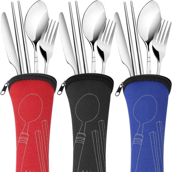 Set di Cucina da Viaggio in Acciaio Inossidabile Reutilizzabile - 3 pezzi, 12 componenti, con Coltello, Forchetta, Cucchiaio, Stuzzo - con Etui Portatile per Viaggi e Campeggio