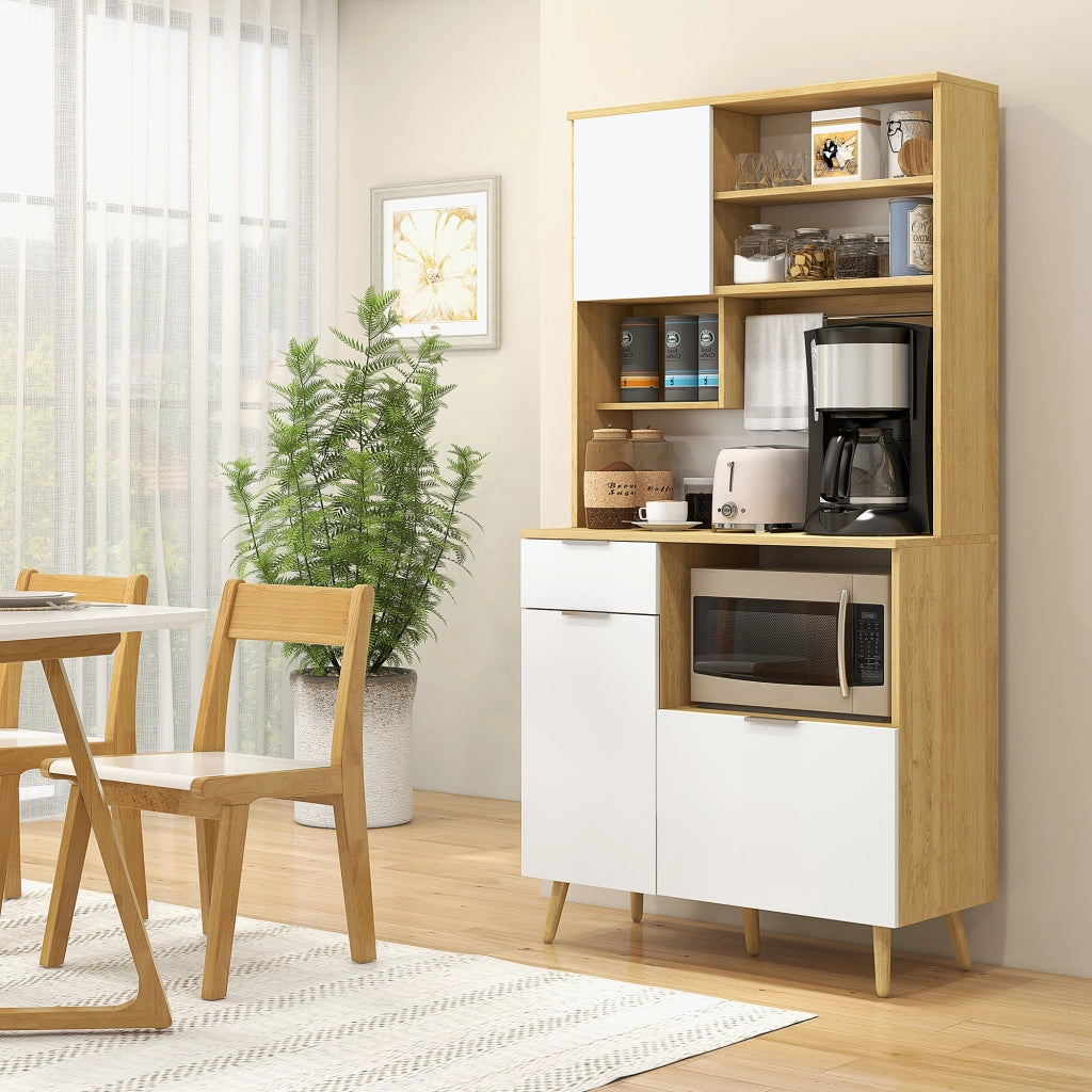 Dispensa da Cucina in Truciolato con Armadietti, Cassetti, Ripiani Regolabili e Appendino, 93x40x180 cm