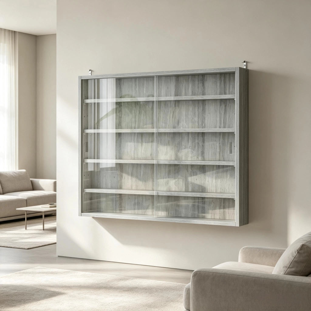 Vetrina da parete moderna in vetro grigio con 4 ripiani regolabili, 80 x 9,5 x 60 cm