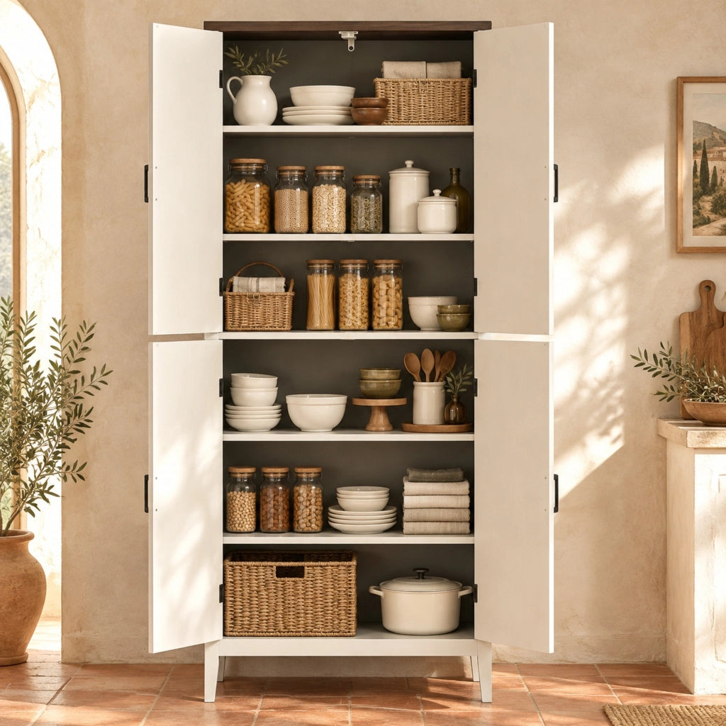 Credenza a colonna da cucina 76x40x178,5 cm in MDF bianco con contenitore -