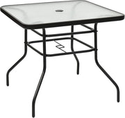 Tavolino Quadrato da Giardino con Foro per Ombrellone, Tavolo da Bistrot con Piano in Vetro e Telaio in Metallo, Tavolo da Caffé Portata fino a 80 kg, per Balcone, Terrazza, Giardino, Nero