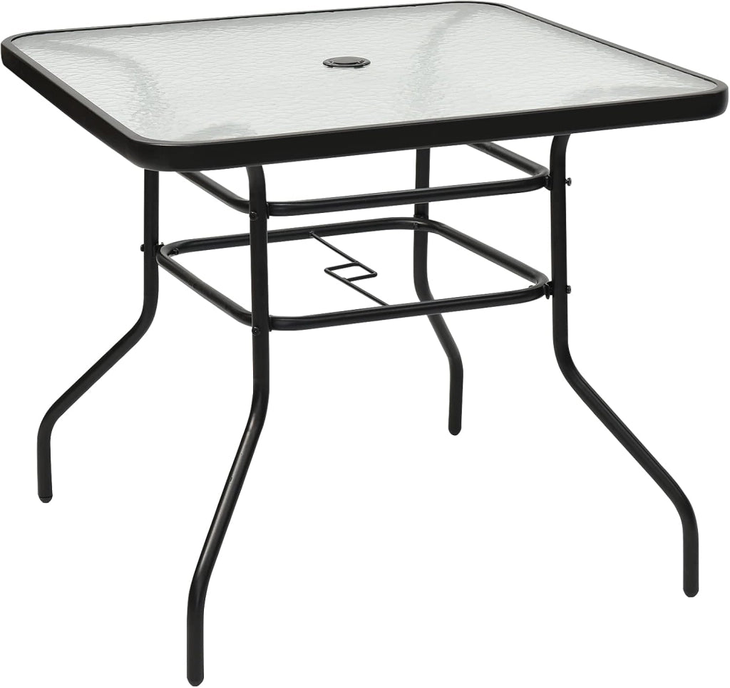 Tavolino Quadrato da Giardino con Foro per Ombrellone, Tavolo da Bistrot con Piano in Vetro e Telaio in Metallo, Tavolo da Caffé Portata fino a 80 kg, per Balcone, Terrazza, Giardino, Nero