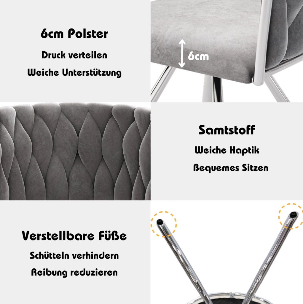 Set 4 sedie da pranzo girevoli 360° in velluto grigio con struttura in metallo