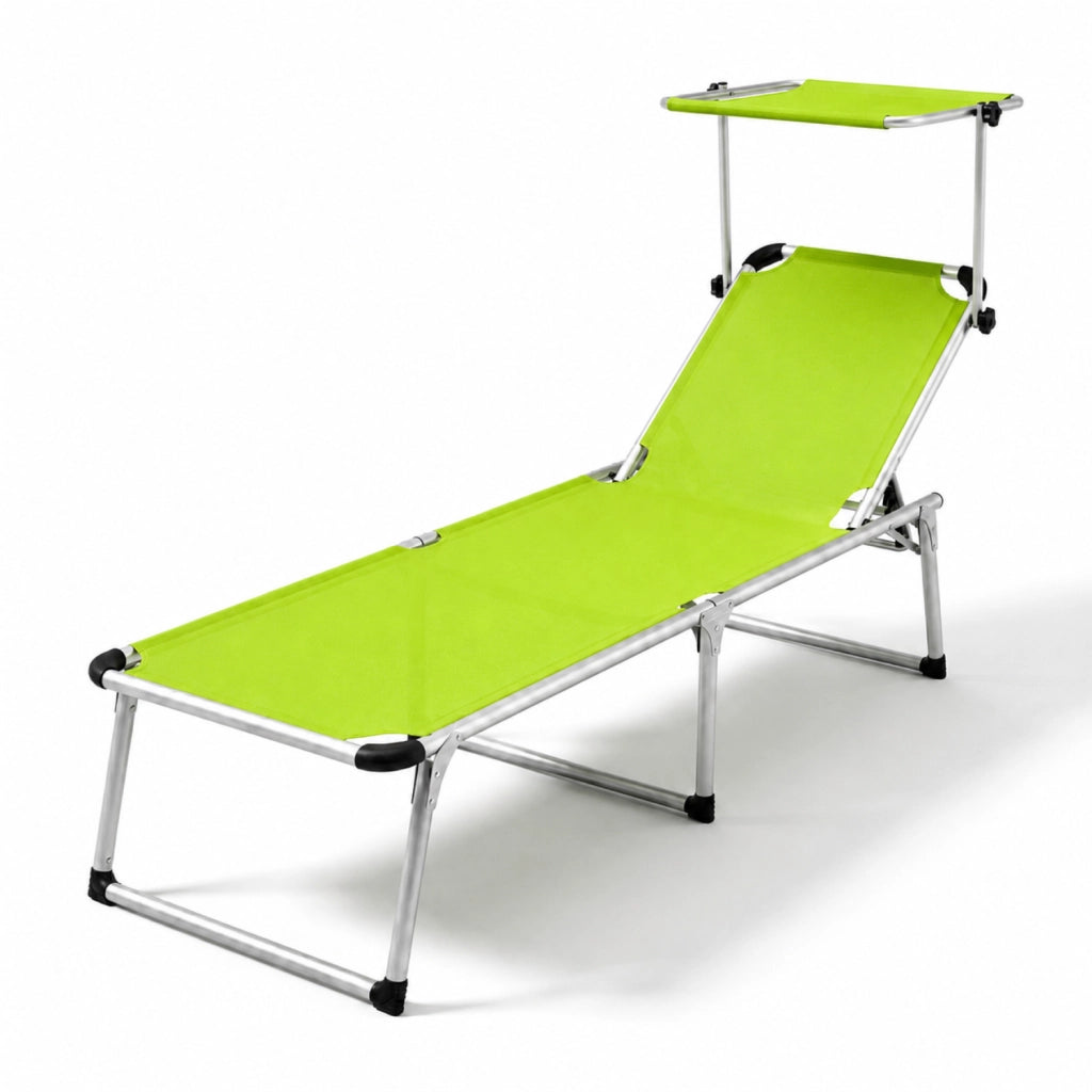 Sedia Sdraio Per Spiaggia Mare Giardino Piscina Lettino Pieghevole Prendisole Con Tettuccio Parasole Schienale Reclinabile Regolabile In 6 Posizioni Struttura In Alluminio 187 X 59 X 29 Cm Verde Fluo