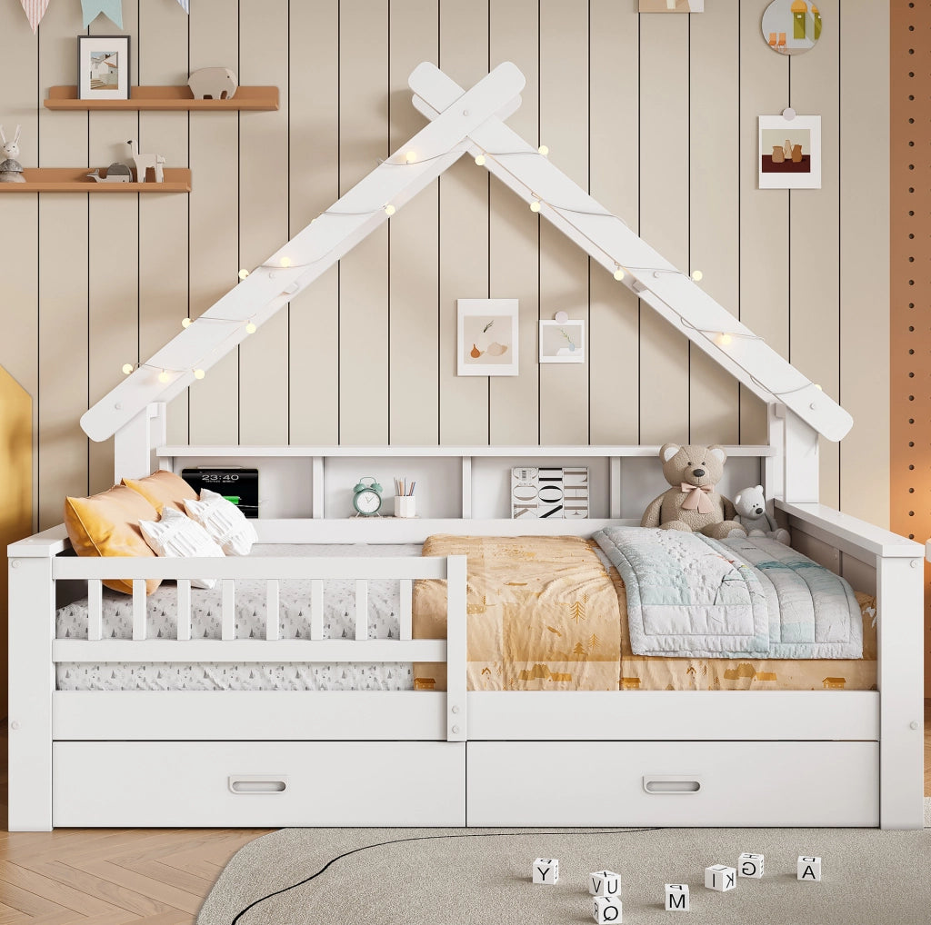 Letto a casetta 140x200 cm con LED; ripiani; 2 cassetti e sponda; bianco