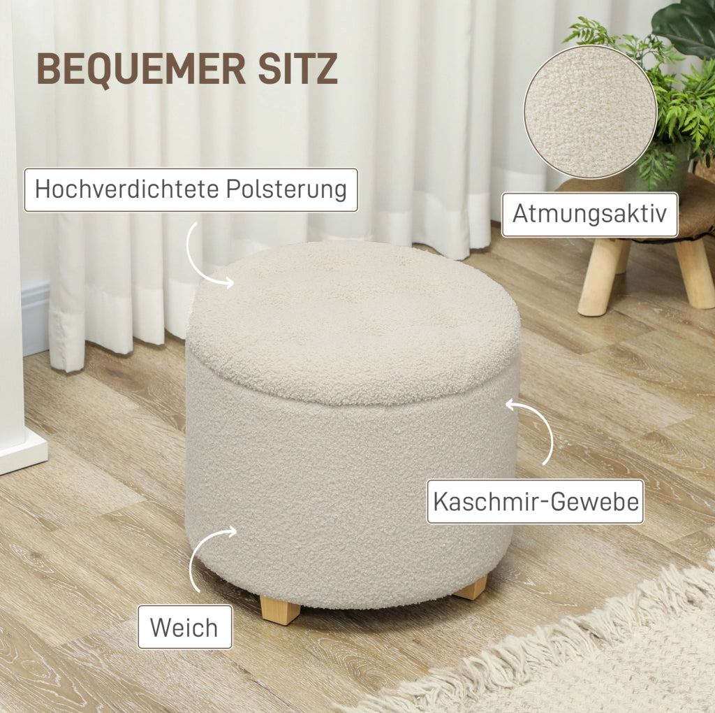 Pouf contenitore rotondo in poliestere color crema