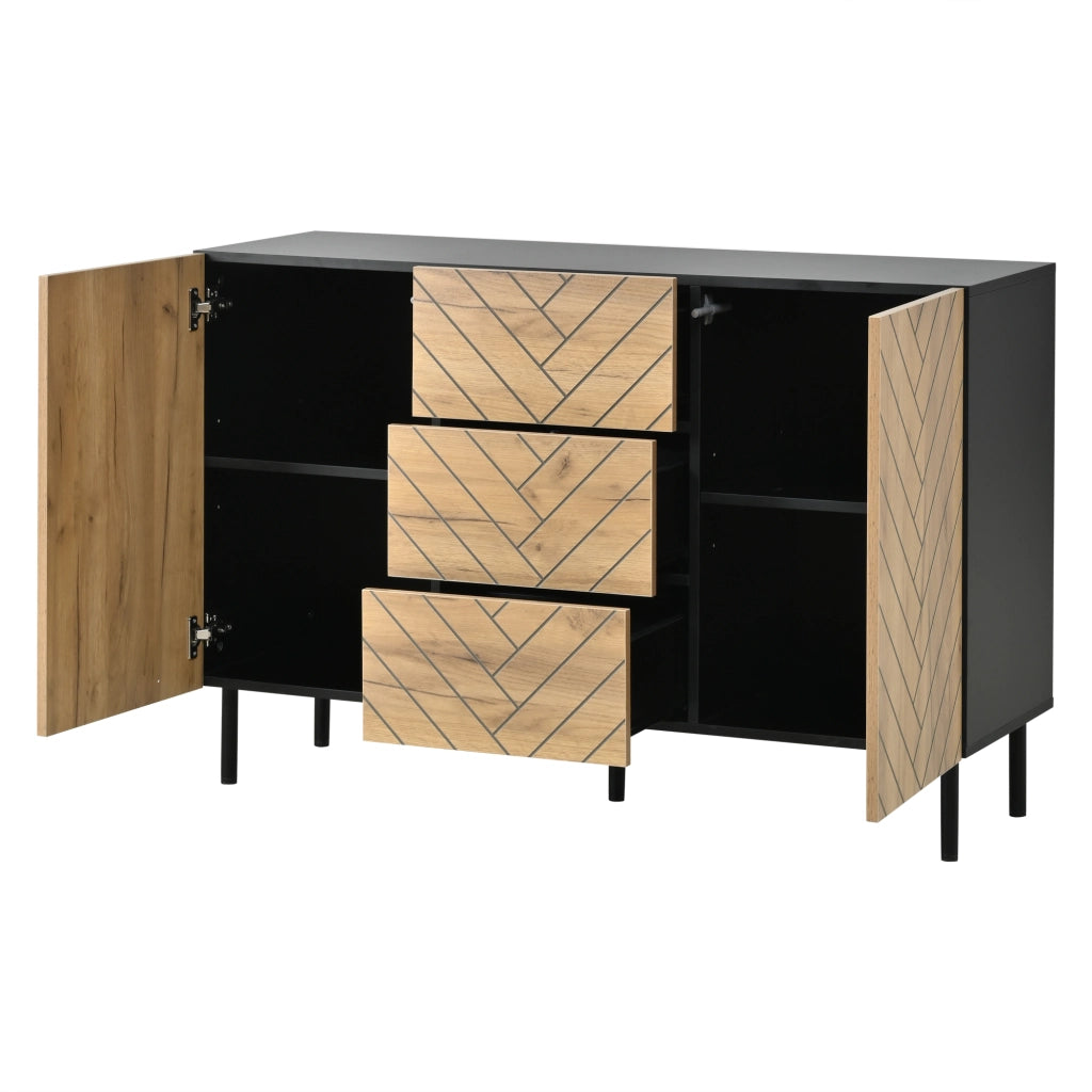 Credenza con 3 cassetti e 2 ante; per soggiorno; in truciolare; 120×40×76 cm; naturale
