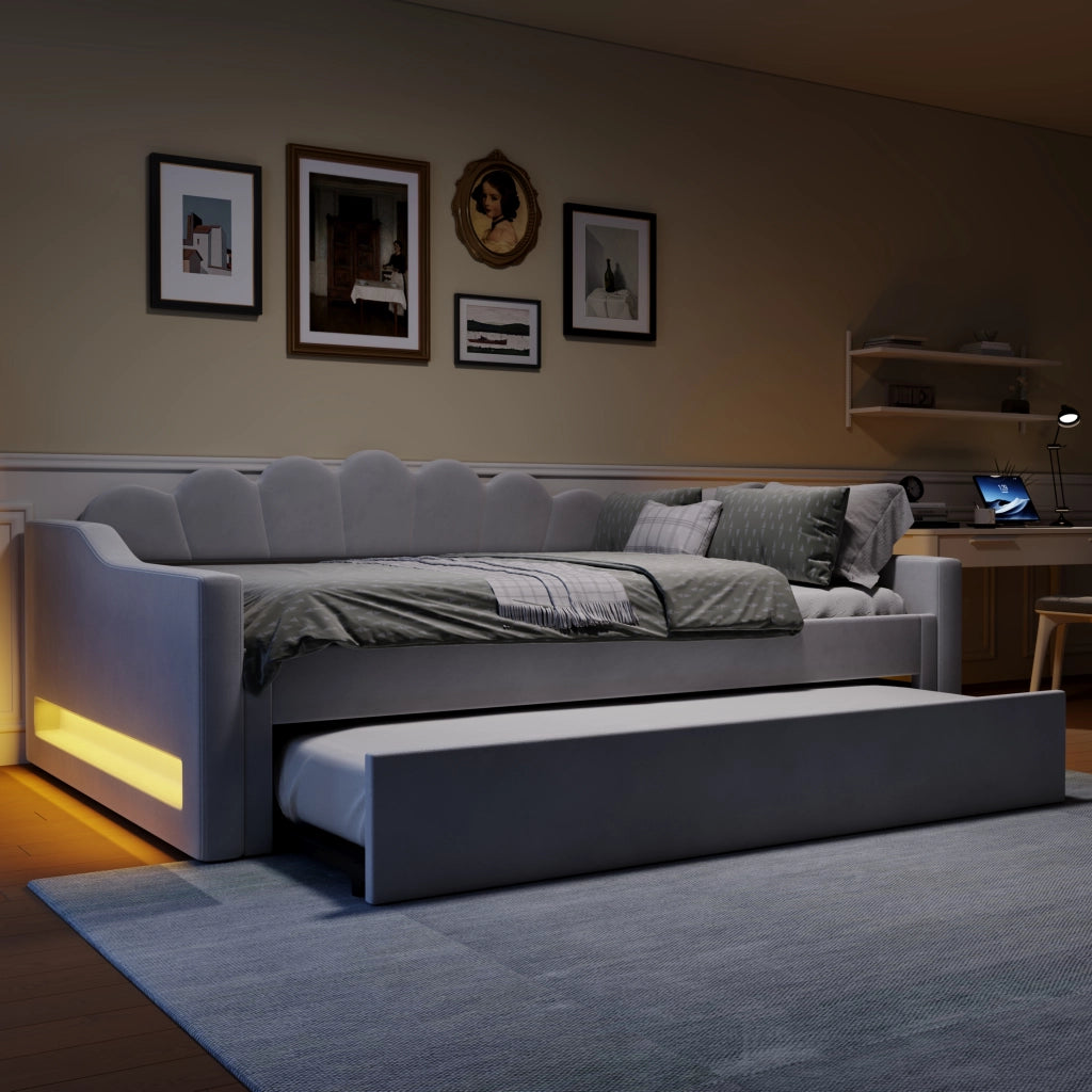 DESMIU Divano Letto 140 × 200 cm 2 Posti con LED, letto estraibile, senza materasso, in MDF e compensato, grigio