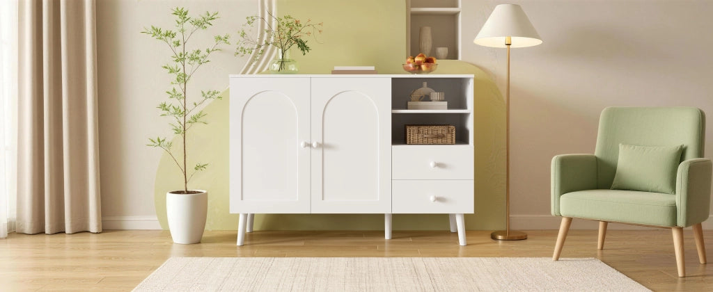 Credenza con 2 ante, 2 cassetti e 2 vani aperti, per soggiorno sala da pranzo e ingresso, bianco, 118 × 35 × 82 cm