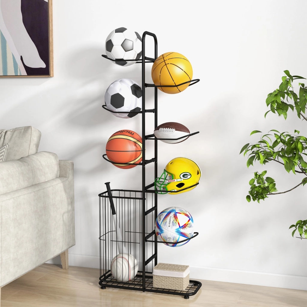 Scaffale portapalle a 7 livelli con 7 asticelle rimovibili e cestino laterale per palline-Porta pallacanestro in metallo Nero