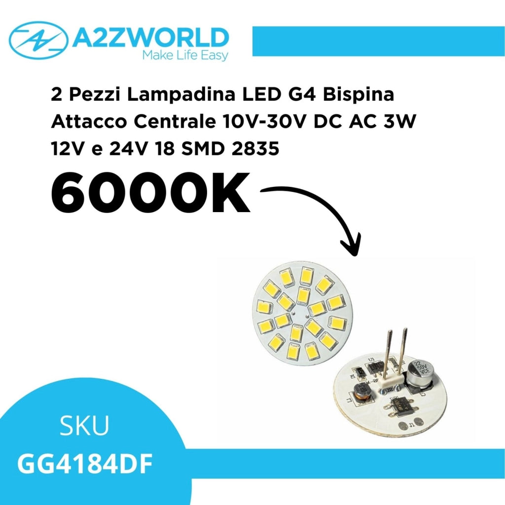2 Pezzi Lampadina LED G4 Bispina Attacco Centrale DC AC 3W 12V e 24V Bianco Freddo 6000K 18 SMD 2835 10V-30V