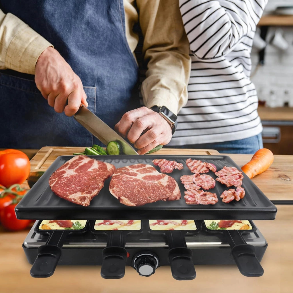 Raclette Grill per 8 persone, 1400 W, con 2 piastre in granito e 2 piastre antiaderenti, regolabile, moderno, acciaio inossidabile