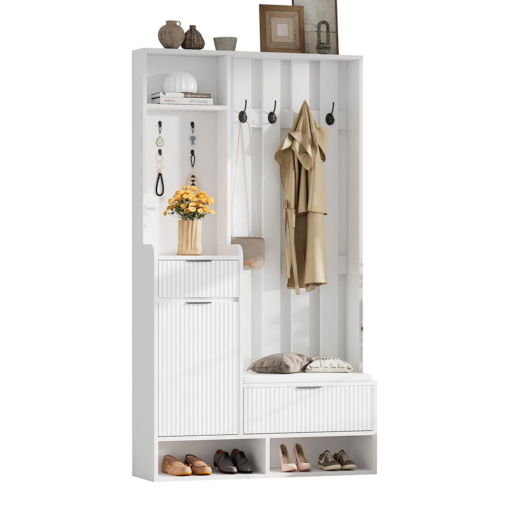 Appendiabiti 6 in 1 100x30x180 cm - Xylo - 8 ganci, panchina, ripiani, cassetti, protezione ribaltamento, bianco