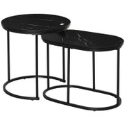 Set 2 Tavolini da Caffè con Piano Effetto Marmo, in Legno e Acciaio, Ø50x50.5 cm e 60x36x43.5 cm, Nero
