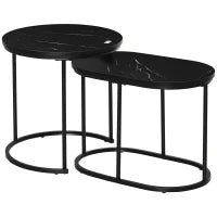 Set 2 Tavolini da Caffè con Piano Effetto Marmo, in Legno e Acciaio, Ø50x50.5 cm e 60x36x43.5 cm, Nero