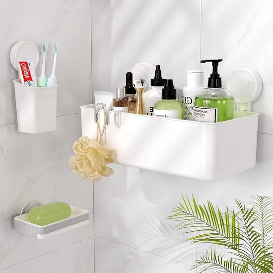 Organizzatore per Doccia con Contenitore per Detersivo e Orecchiera - Supporto per Zeppa - Set di Organizzazione per Bagno e Cucina - Riciclabile e Senza Fori