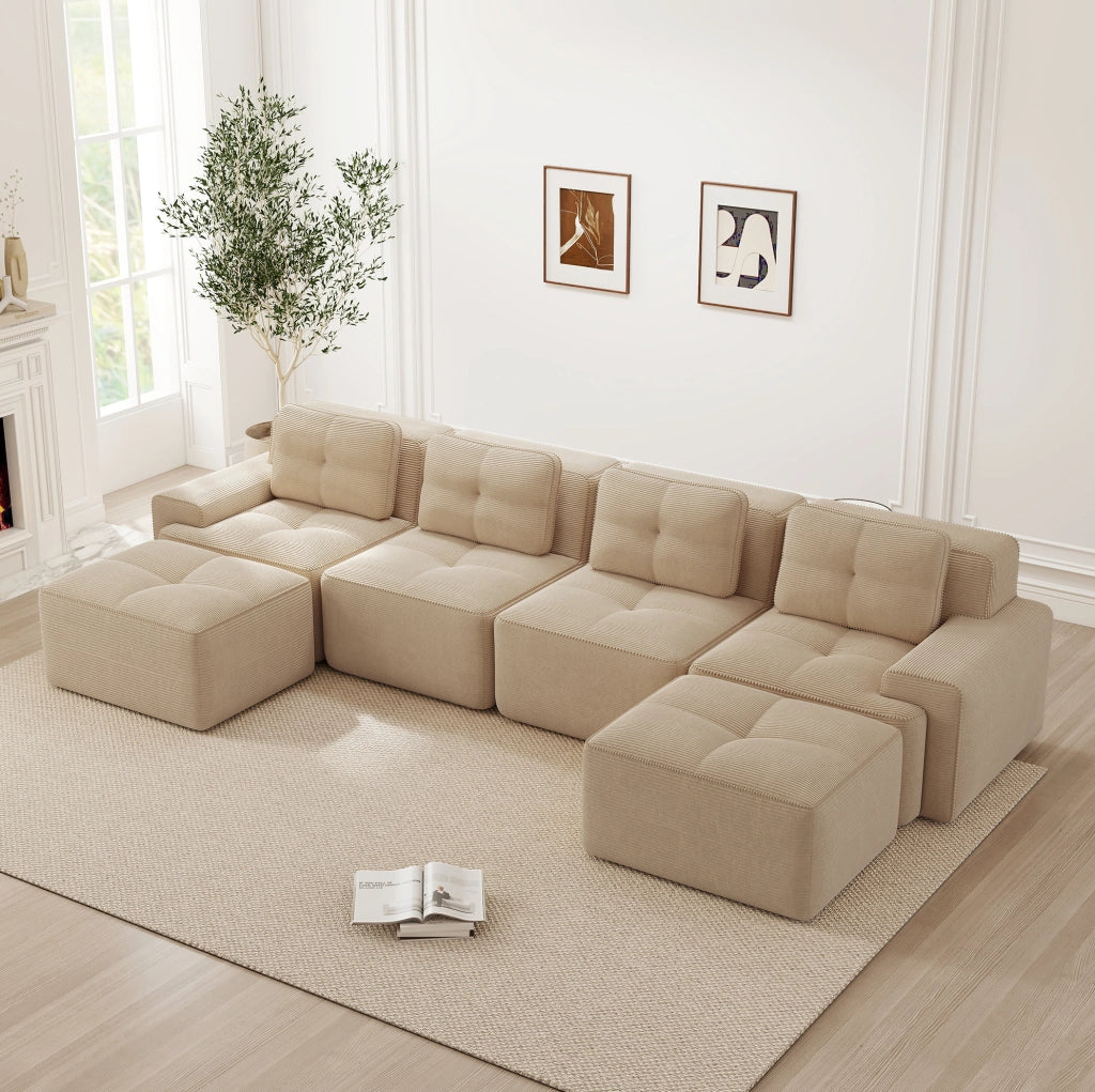 Divano modulare 4 posti con chaise longue a U 382x177x69 cm in corduroy beige