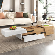 OKWISH Tavolino da Caffè con Piano Scorrevole e 2 Cassetti, Vani Interni, per Soggiorno, MDF, Bianco e Naturale, 120×50×37.5 cm