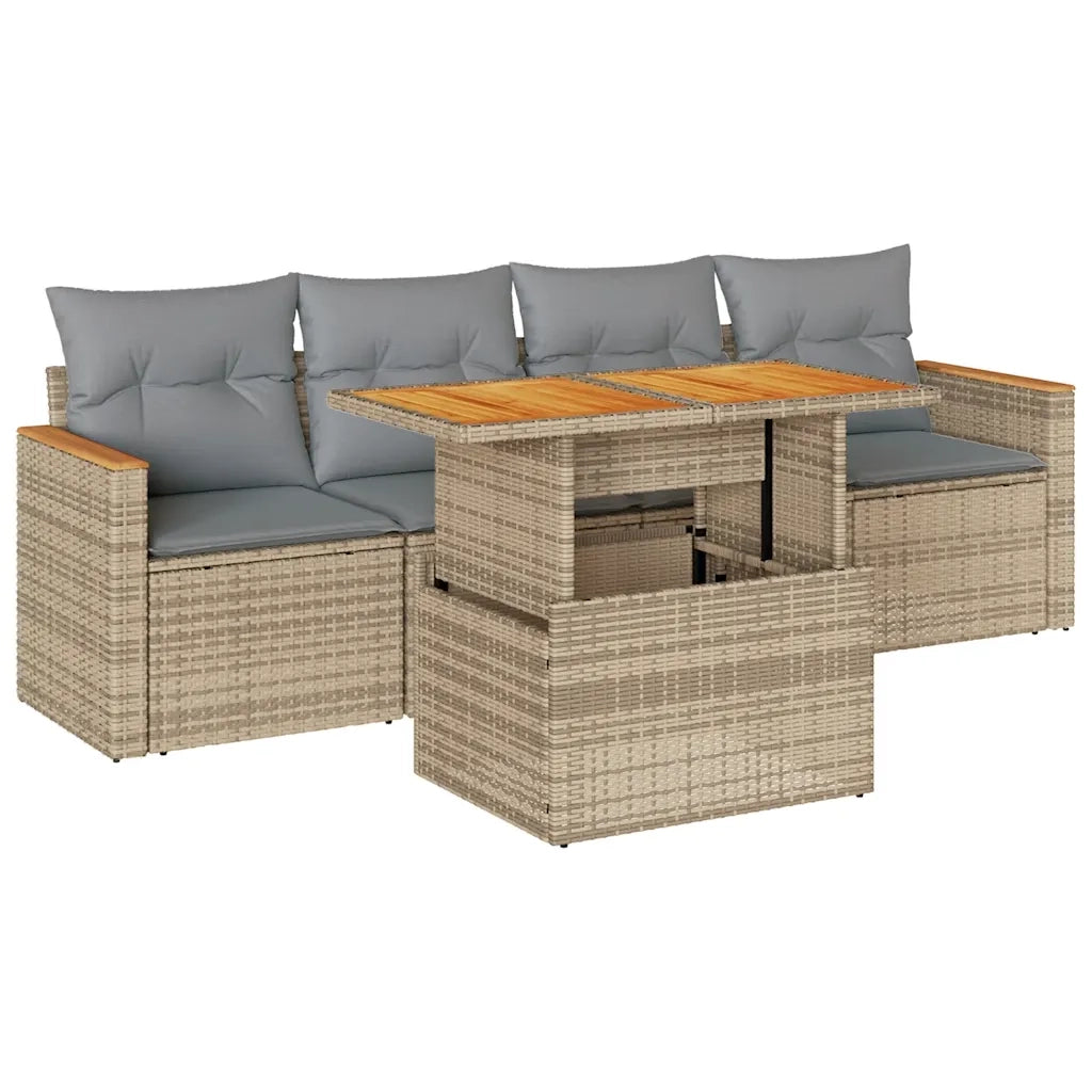 Set Divano da Giardino 5 pz con Cuscini Beige Polyrattan Acacia