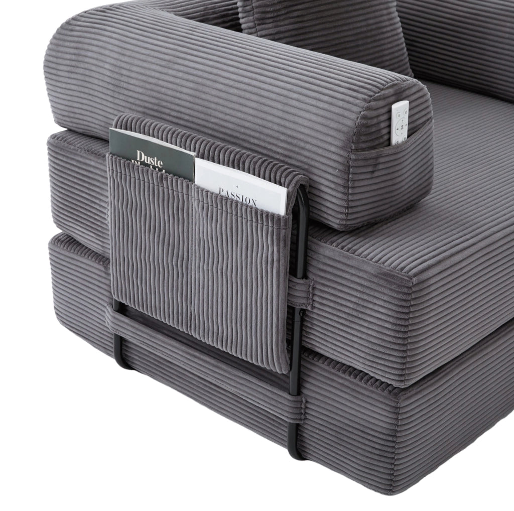 Divano modulare in velluto a coste con pouf grigio scuro