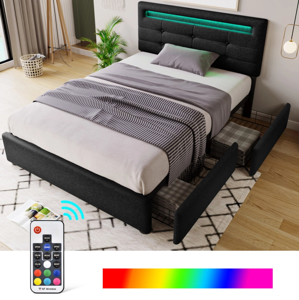 Letto singolo 90x200 cm in lino nero con LED; testiera regolabile e 2 cassetti