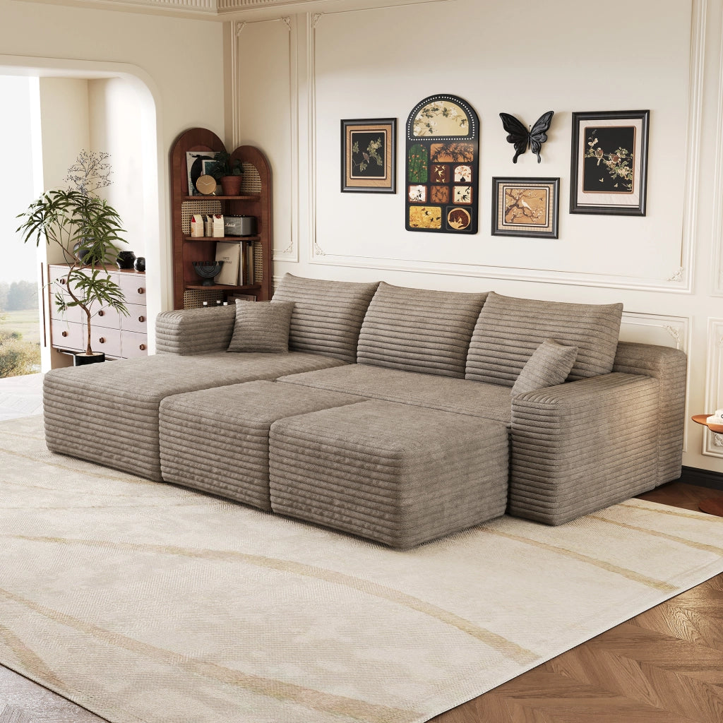 Divano angolare in tessuto con schiuma ad alta elasticità e montaggio facile design a linee fluide camel