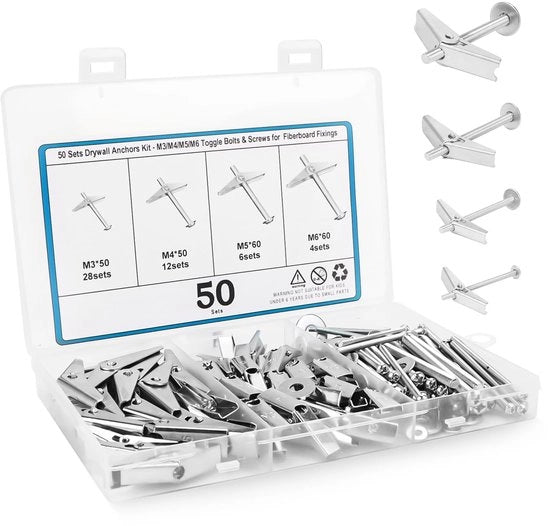 Serrature per parete da intonaco 50 pezzi - Chiusure a scorrimento - Chiusure a clip - Chiodi per parete da intonaco - Chiodi per gesso - Fodera in acciaio inossidabile - Resistente alla corrosione