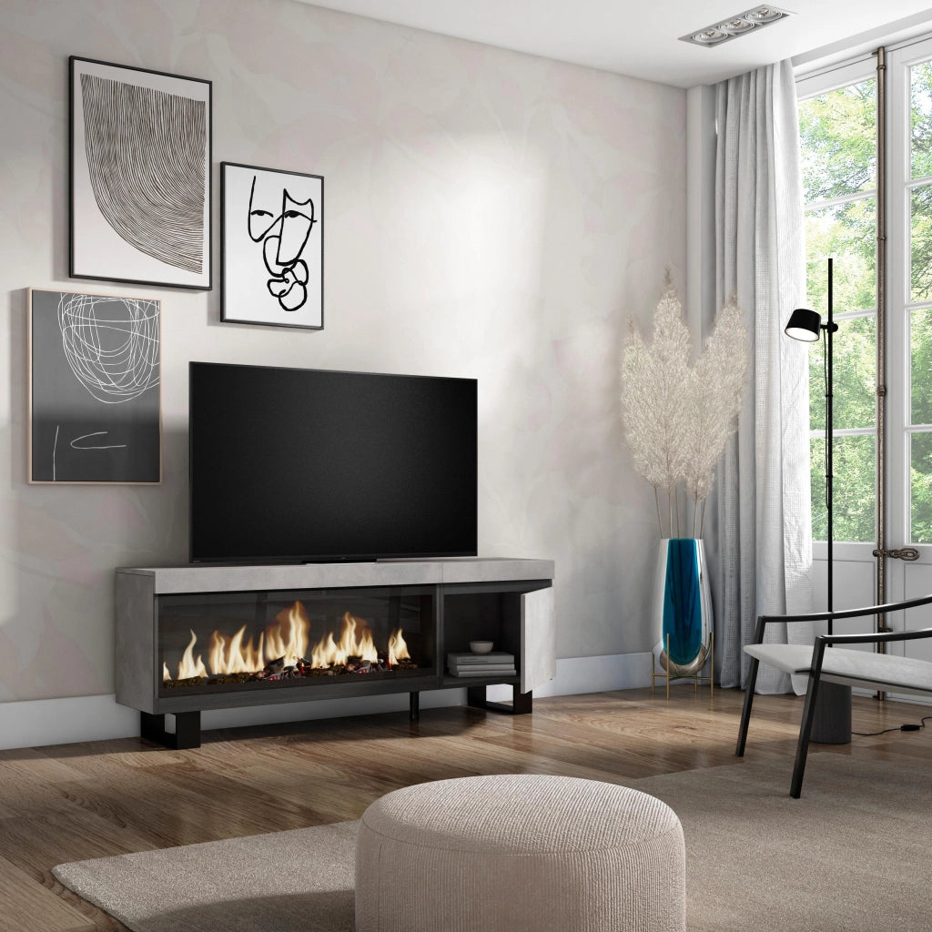 Mobile TV Soggiorno, 158x35x57cm, Per TV fino a 65", Camino elettrico XXL, Design industriale, grigio cemento RF3239