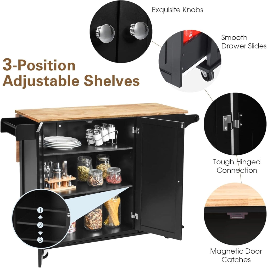 Carrello da Cucina, Credenza Mobile Salvaspazio, Ruote con 2 Freni, Piano Pieghevole, 2 Ripiani Regolabili, 3 Cassetti, 2 Ante, Portaspezie e Portasciugamano, 111x76x91 cm, Nero