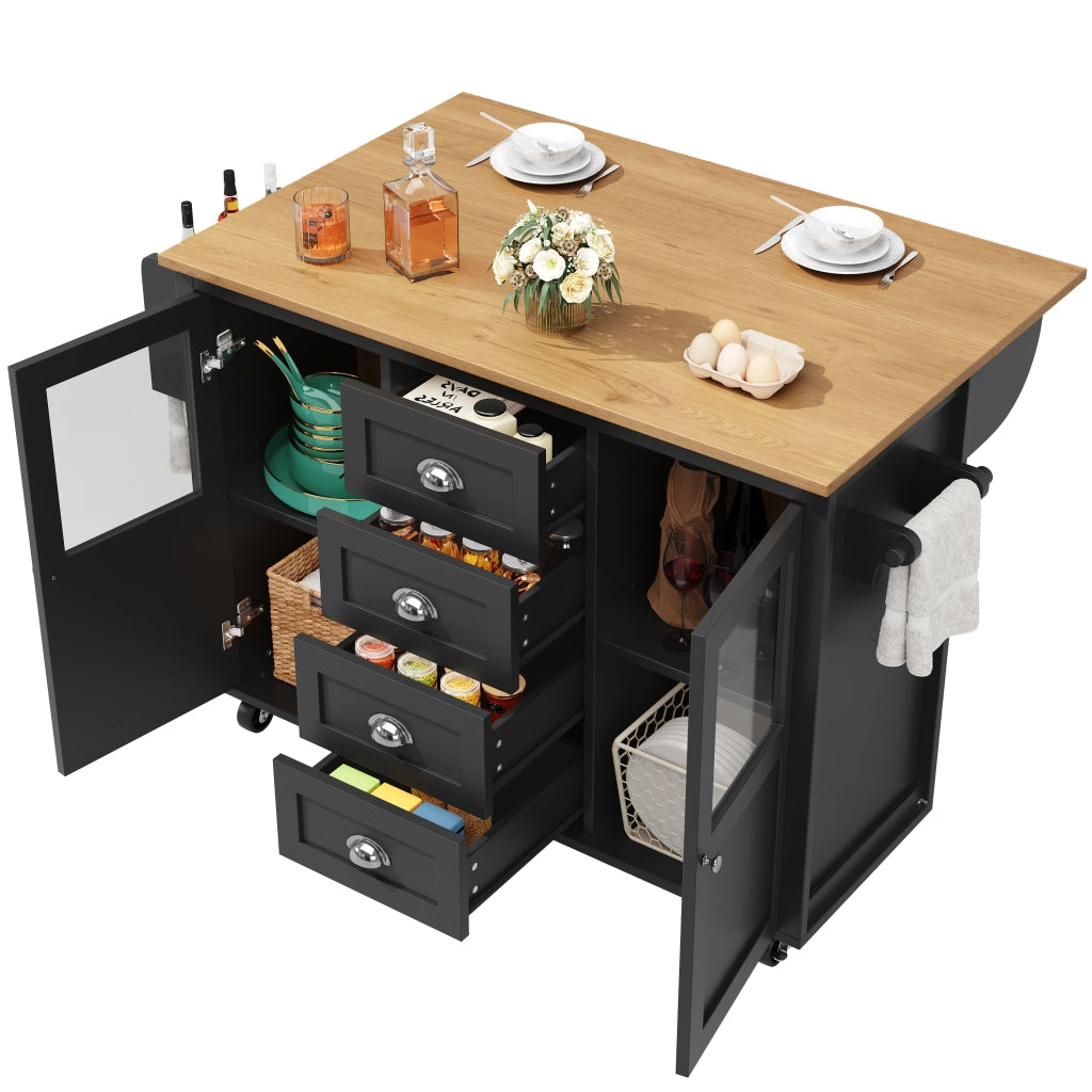 OKWISH Carrello da Cucina con 2 Ante e 4 Cassetti, Piano Pieghevole, Portaasciugamani, per Cucina, Nero