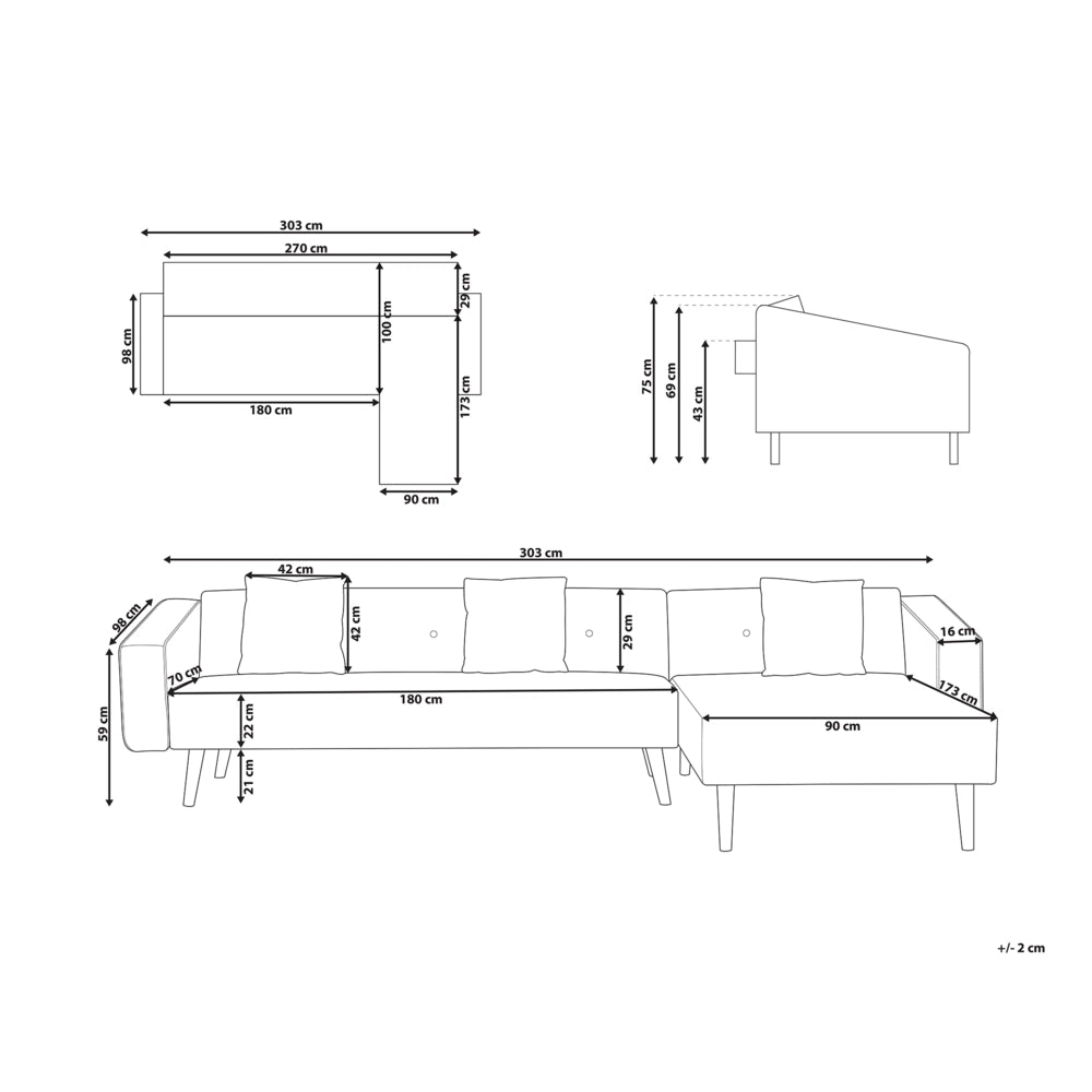 Divano letto ad angolo con 3 cuscini Rivestimento in velluto verde Gambe in legno chiaro Chaise longue reclinabile versione sinistra a 4 posti