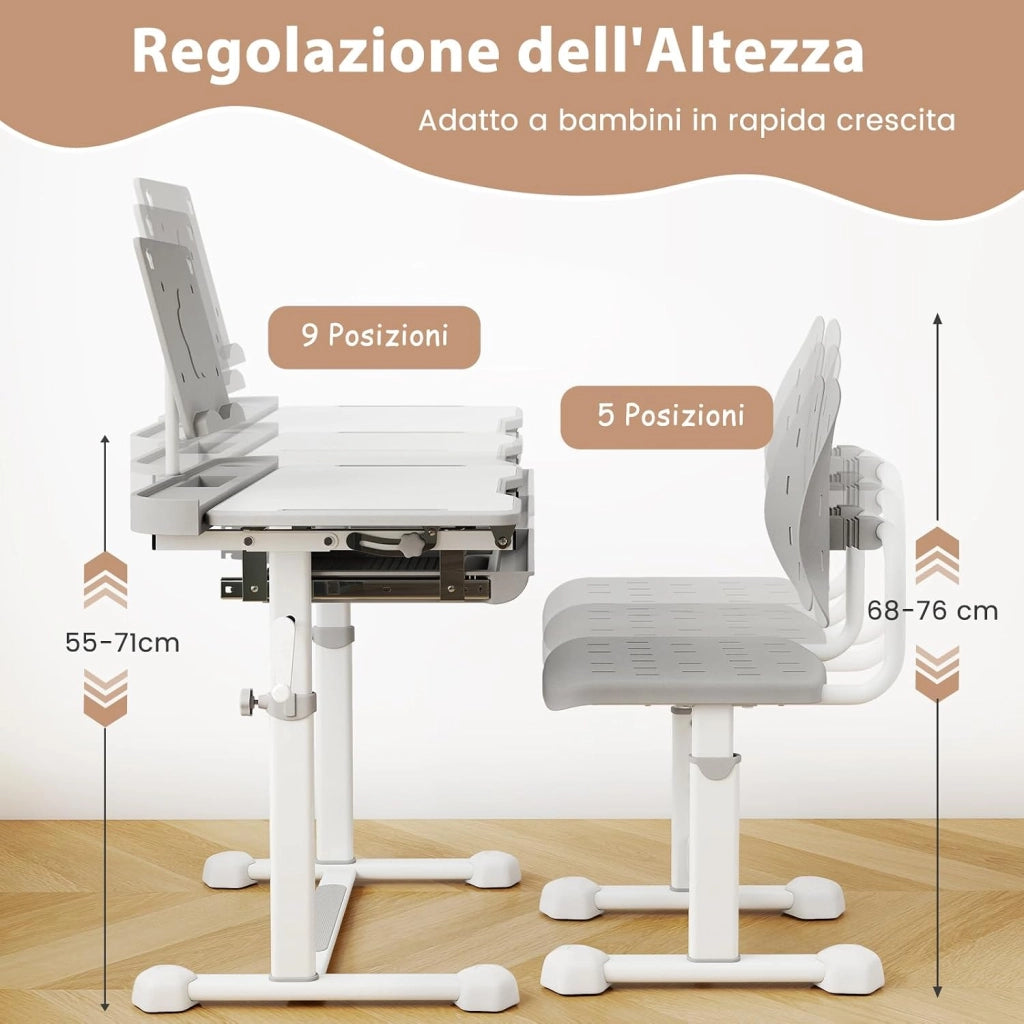 Set di Scrivania e Sedia per Bambini con Altezza Regolabile, Grigio | Banco Scuola con Piano Inclinabile, Supporto per Libri, Barra Poggiapiedi e Sedia Ergonomica per Scuola, Ufficio e Cameretta
