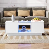 Tavolino da caffè bianco con rivestimento in vetro, illuminazione LED, controllo tramite app, 2 cassetti e 1 vano aperto, 100×50×35,5 cm, Bianco