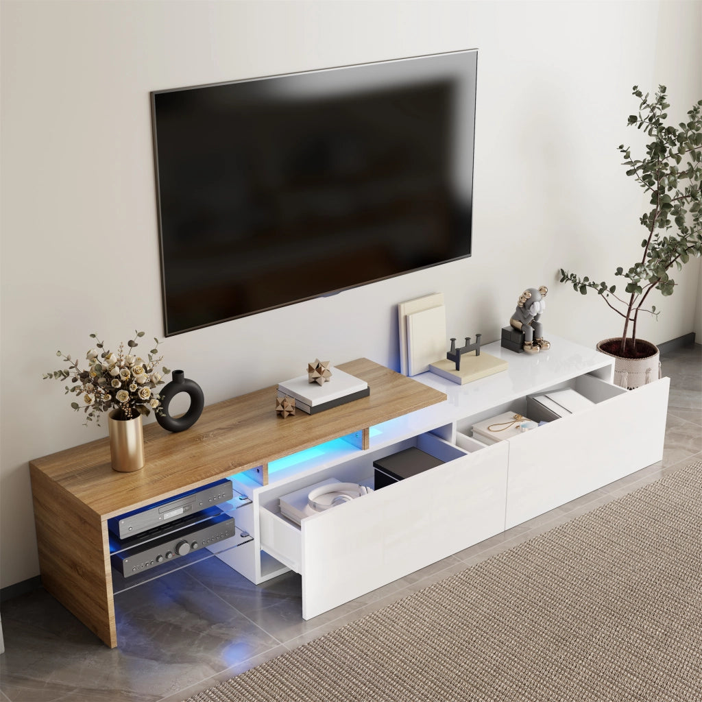 Mobile TV con 2 Vani e 3 Ripiani in Vetro con LED; Finitura Lucida; per Soggiorno; 170 × 33 × 33.5 cm