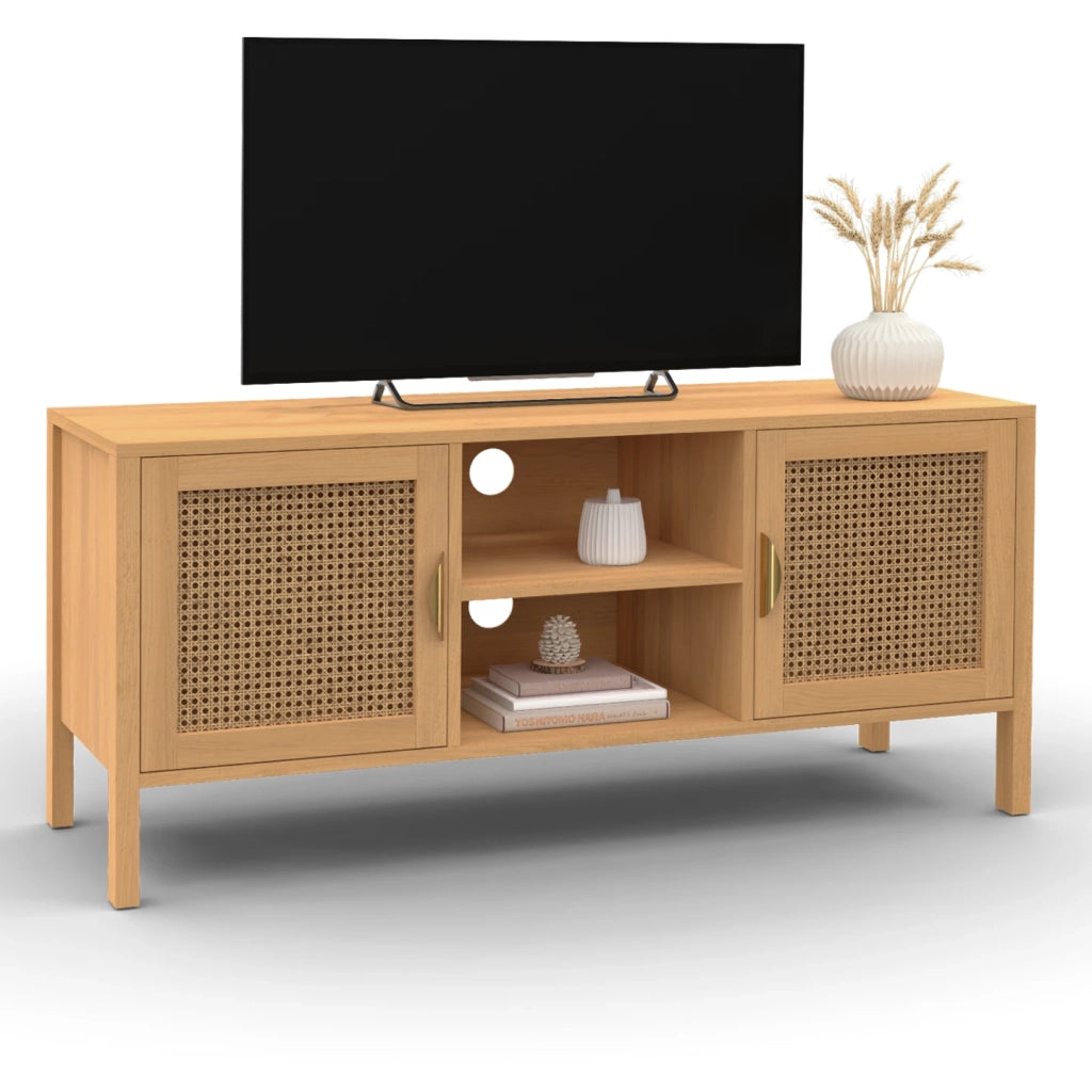 IDMarket - Mueble TV EDHEN 2 puertas con mimbre 110 cm