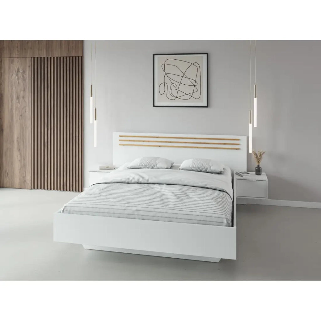 Pacchetto letto FLORENCE – 160x200 cm – Con doghe + 2 cassetti – Comodini integrati – Bianco e rovere