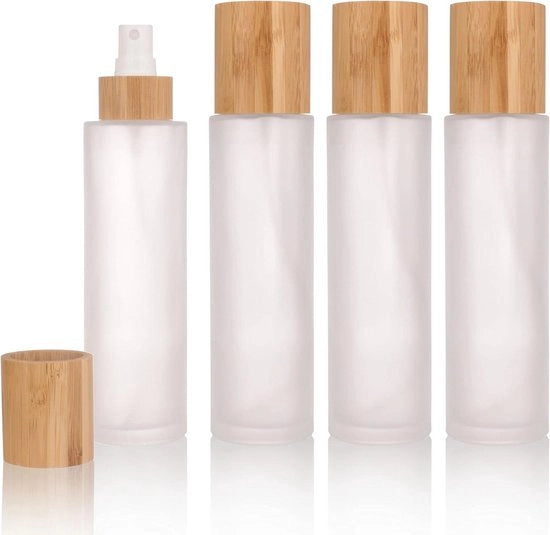 Set di 4 flaconi in vetro di 150 ml con coperchio in bambù per profumi liquidi e articoli da toeletta