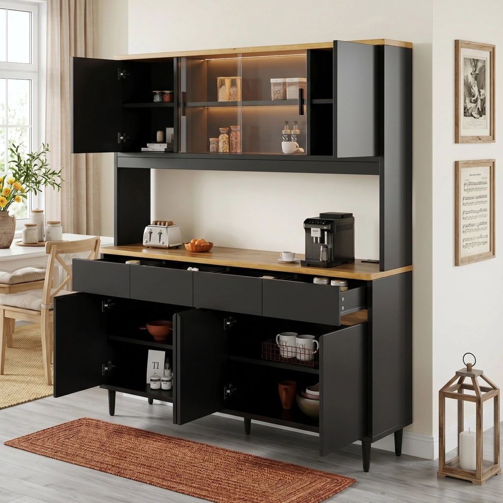 Credenza e madia con LED app, porte in vetro e prese USB, per soggiorno e cucina, in truciolare, nero, 160 × 40 × 185 cm