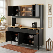 Credenza e madia con LED app, porte in vetro e prese USB, per soggiorno e cucina, in truciolare, nero, 160 × 40 × 185 cm
