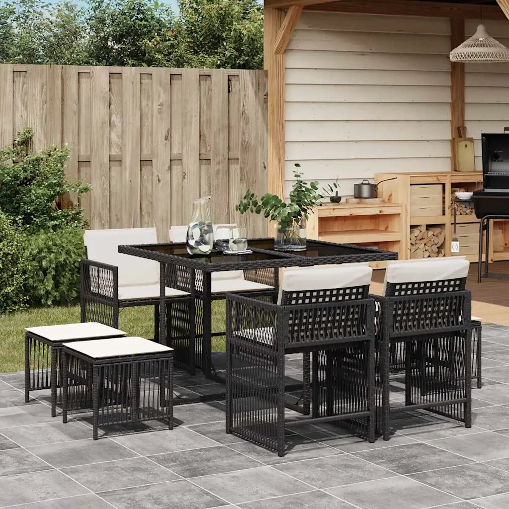 Set da Pranzo da Giardino 9 pz con Cuscini Nero in Polyrattan 3211674