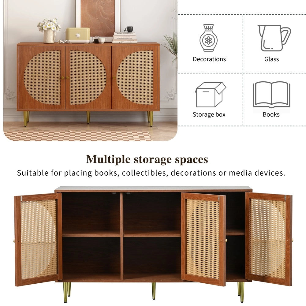 Credenza 3 Ante con Rattan e Maniglie in Metallo ¨C MINIMAL ¨C Noce 129.8x40x76