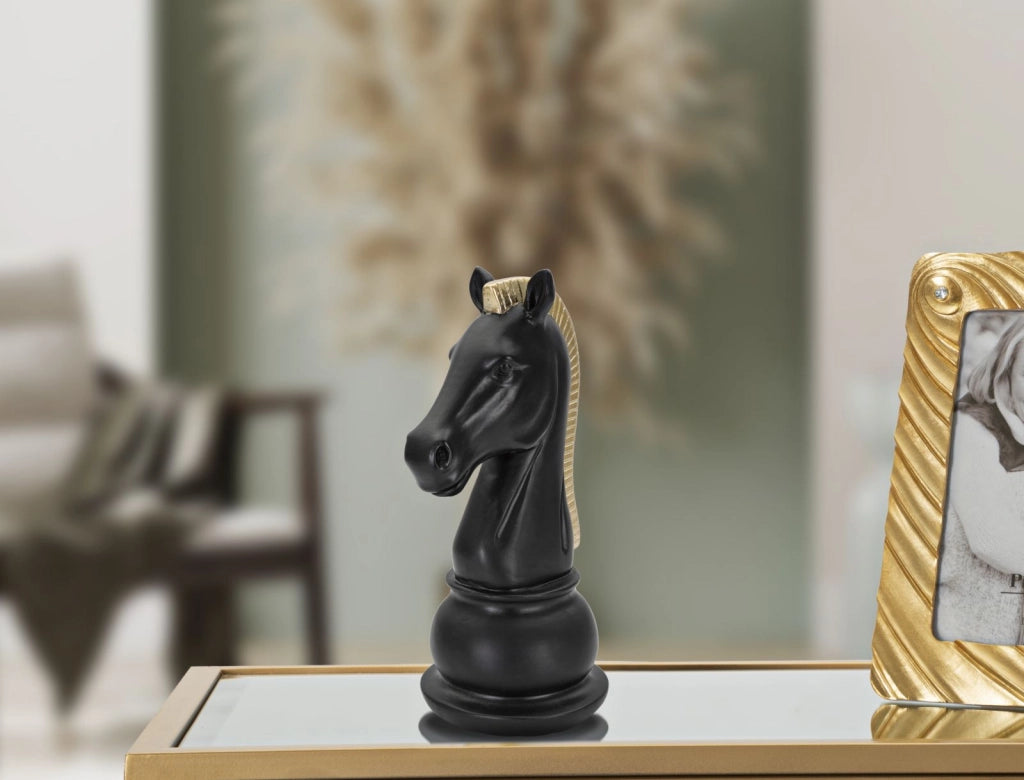 Statua Cavallo scacchi nero criniera oro, poliresina 10,5x8,5x19cm