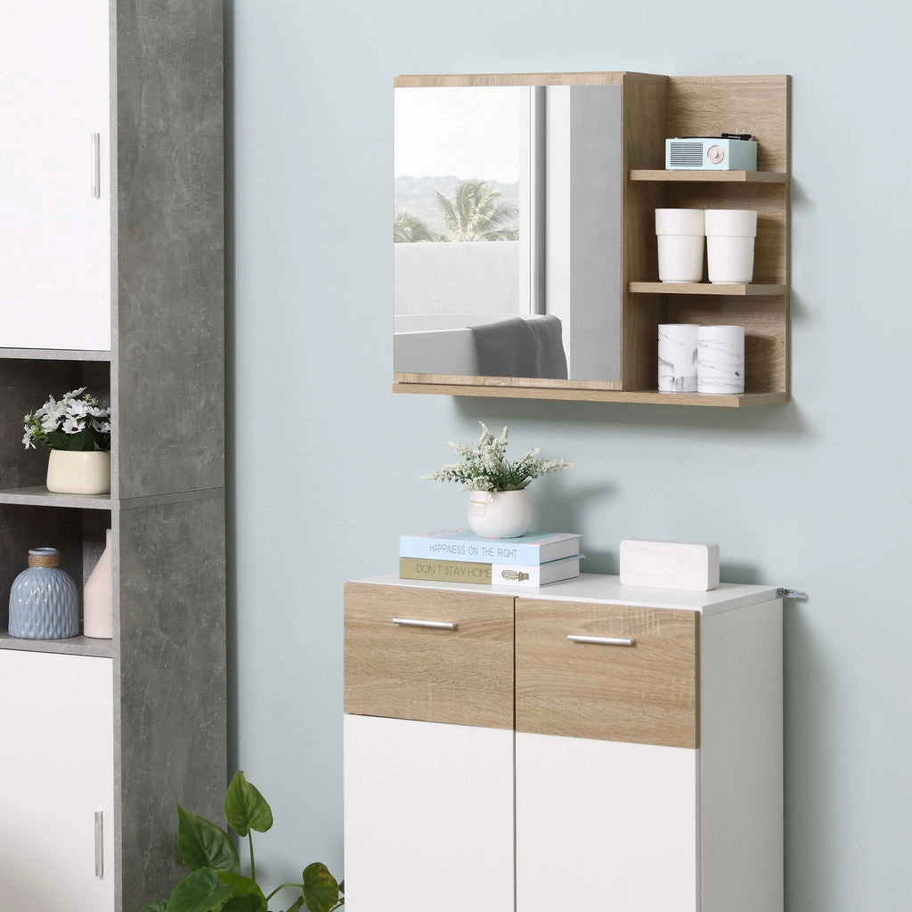 SPECCHIERA BAGNO CON ANTA E 3 RIPIANI LATERALI IN LEGNO 60X18X50CM BICOLOR