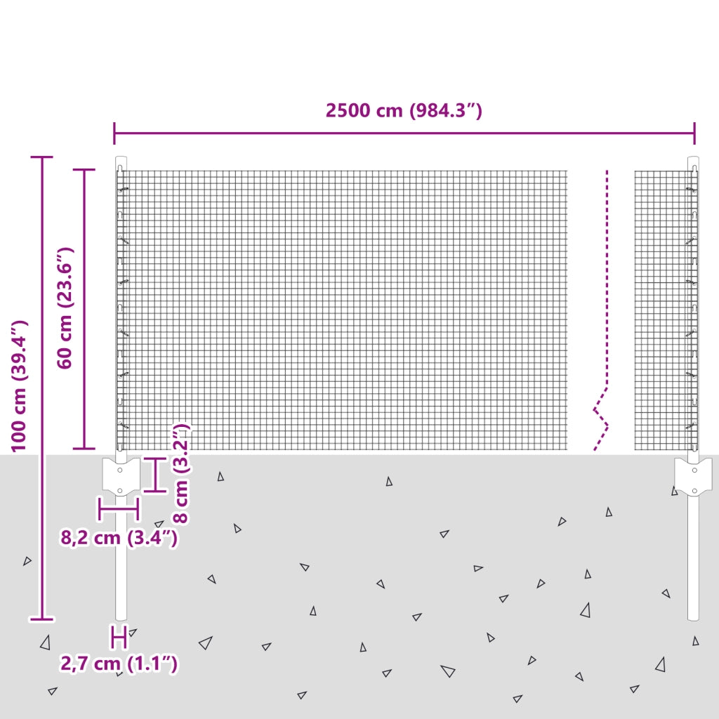 Recinzione in Rete Saldata con 11 Post U Argento 0.6x25 m Acciaio