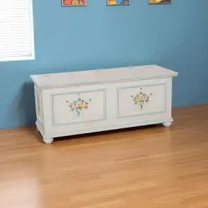 Cassapanca in legno Shabby chic mod cipolla bianco anticato decorazione filo azzurro