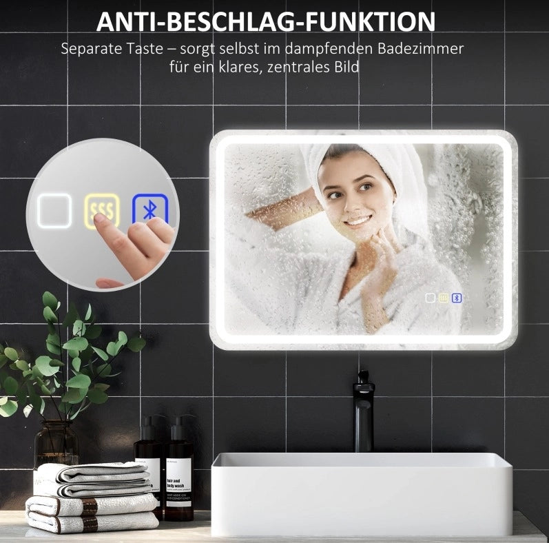 Specchio LED da bagno con musica, orologio e funzione antiappannamento